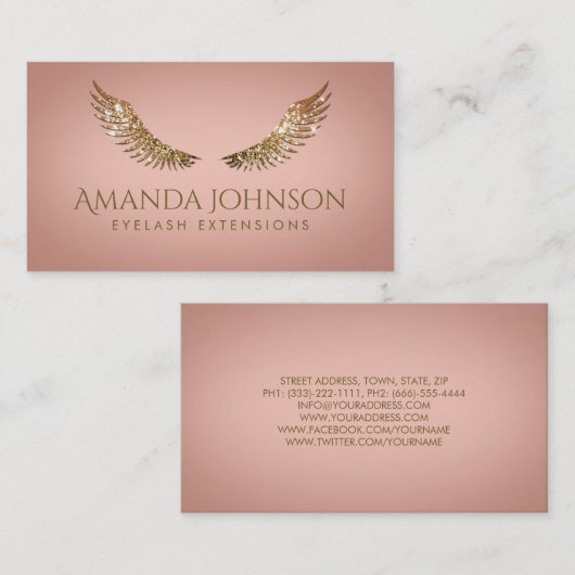 グリッターマスカラアイラッシュエクステンション金ゴールドウイングカード 名刺 (正面/裏面)