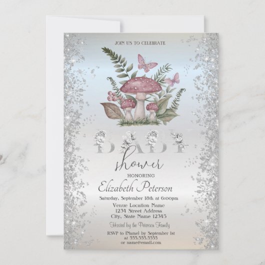 グリッターマッシュルーム蝶シルバーベビーシャワー 招待状 (正面)
