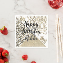グリッターマンダラレオパードパーソナライズされた誕生日 スタンダードカクテルナプキン