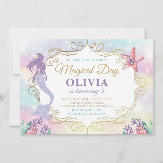 グリッターマーメイドアンダーザシー誕生日招待状 招待状 (正面)