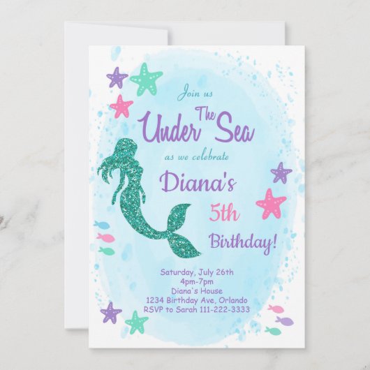 グリッターマーメイドアンダーザシー誕生日招待状 招待状 (正面)