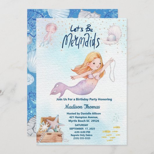 グリッターマーメイドザシーバースデーパーティー 招待状 (正面/裏面)