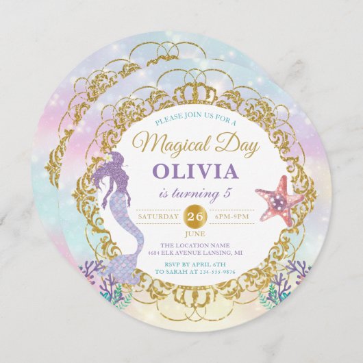 グリッターマーメイドザシー誕生日写真 招待状 (正面/裏面)