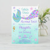 グリッターマーメイドテールティール(緑がかった色)誕生日招待状 招待状 (スタンド正面)