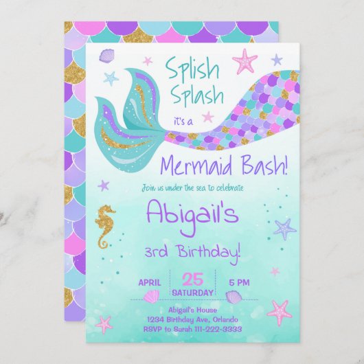 グリッターマーメイドテールティール(緑がかった色)誕生日招待状 招待状 (正面/裏面)