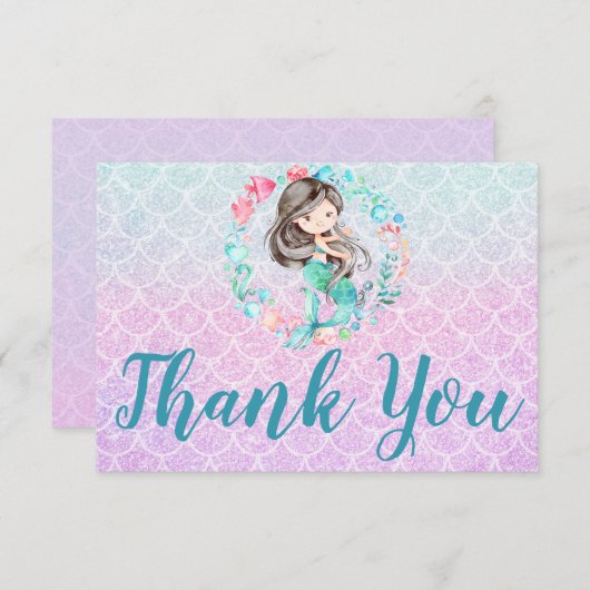 グリッターマーメイドパープルピンクティール（緑がかった色）サンキューカード サンキューカード (正面/裏面)
