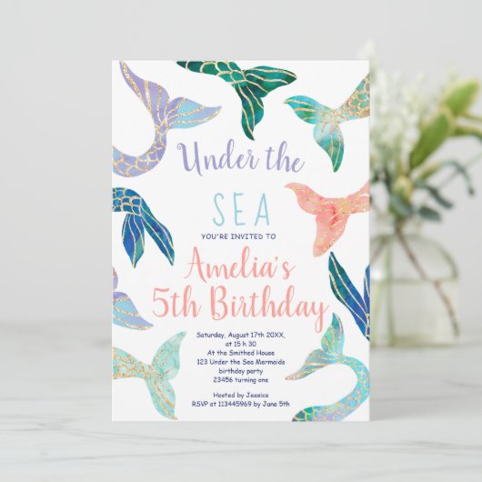 グリッターマーメイド金ゴールドグリッターパステル5歳の誕生日 招待状 (スタンド正面)