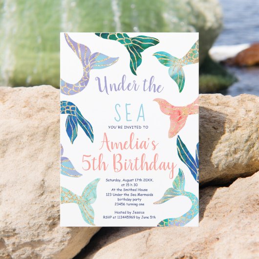 グリッターマーメイド金ゴールドグリッターパステル5歳の誕生日 招待状