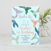 グリッターマーメイド金ゴールドグリッターブルー1歳の誕生日 招待状 (スタンド正面)