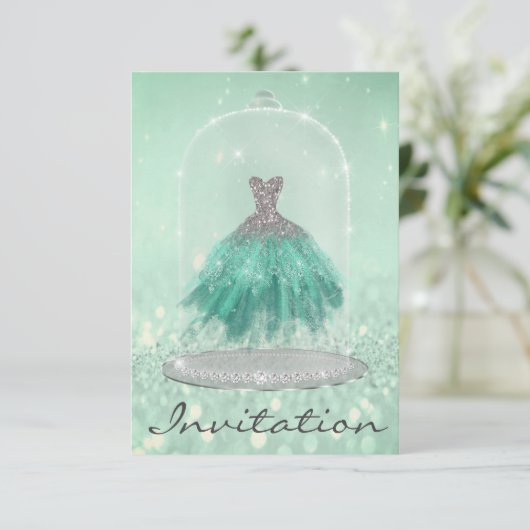 グリッターミントグリーンティファニーダイヤモンドドレススウィート16th 招待状 (スタンド正面)