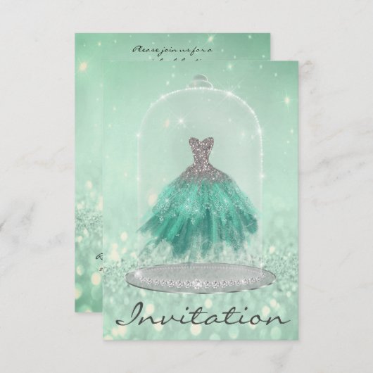 グリッターミントグリーンティファニーダイヤモンドドレススウィート16th 招待状 (正面/裏面)