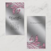 グリッターメイクサロンエレガントピンクシルバーリーフ 予約カード (正面/裏面)