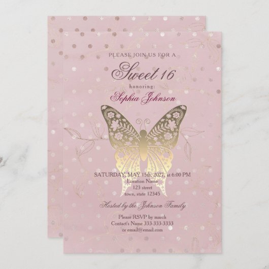 グリッターモダンバラ金ゴールドスウィート16誕生日 招待状 (正面/裏面)