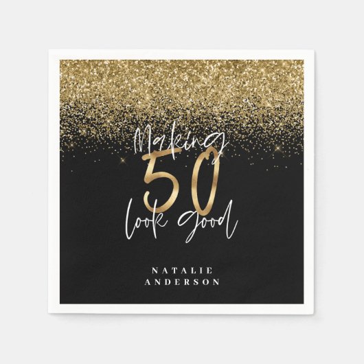 グリッターモダンブラックと金ゴールド50歳の誕生日 スタンダードカクテルナプキン (正面)