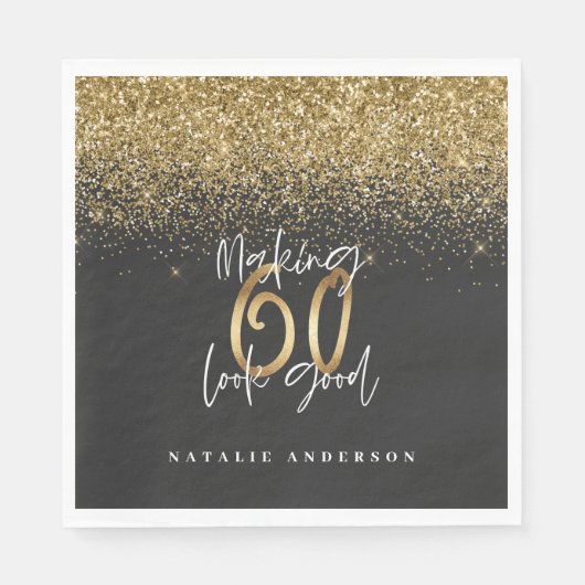 グリッターモダンブラックと金ゴールド60歳の誕生日 スタンダードランチョンナプキン (正面)