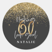 グリッターモダンブラックと金ゴールド60歳の誕生日 ラウンドシール (正面)