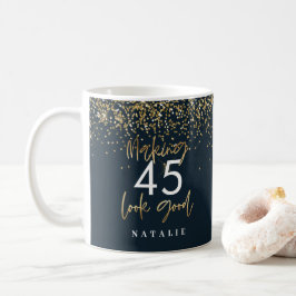 グリッターモダンブルーと金ゴールド45h誕生日  コーヒーマグカップ