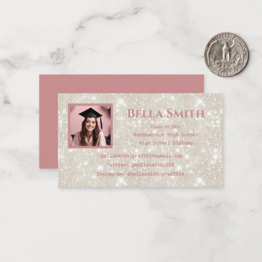 グリッターモダン写真卒業ほこりっぽいピンク ノートカード (正面/裏面インサイチュ)