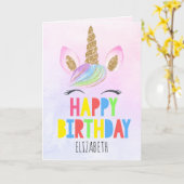 グリッターユニコーンガパーソナライズされたールハッピーバースデー カード (黄色い花)