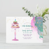 グリッターユニコーンケーキピンクゴールドフォイル13誕生日 招待状 (スタンド正面)
