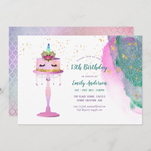 グリッターユニコーンケーキピンクゴールドフォイル13誕生日 招待状 (正面/裏面)