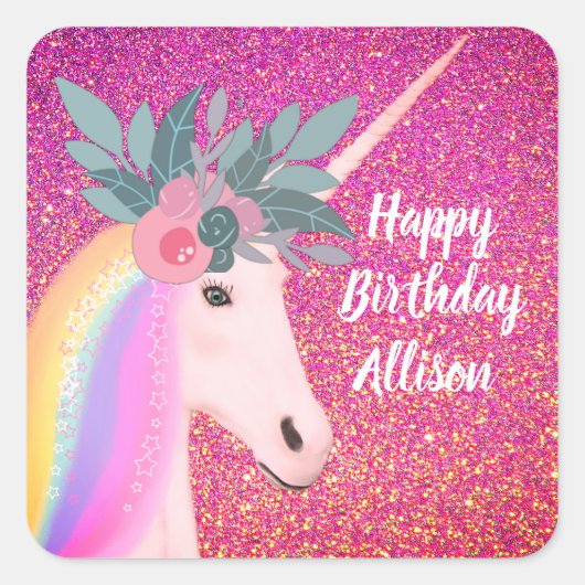 グリッターユニコーンピンクスパークルフローラハッピーバースデー スクエアシール (正面)