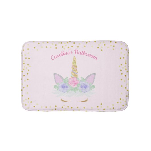 グリッターユニコーンピンクパープル金ゴールドフローラガールズ バスマット (正面)
