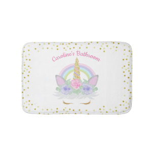 グリッターユニコーンピンク&金ゴールドレインボーガールズ バスマット