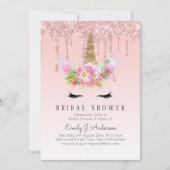 グリッターユニコーンブライダルシャワーピンク金ゴールド滴下 招待状 (正面)