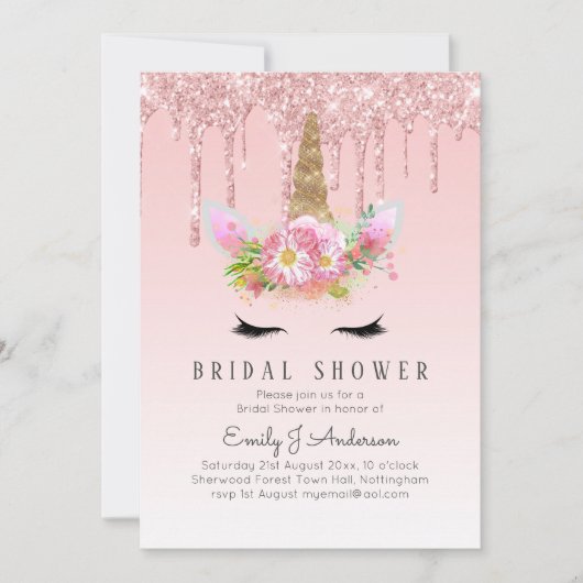 グリッターユニコーンブライダルシャワーピンク金ゴールド滴下 招待状 (正面)
