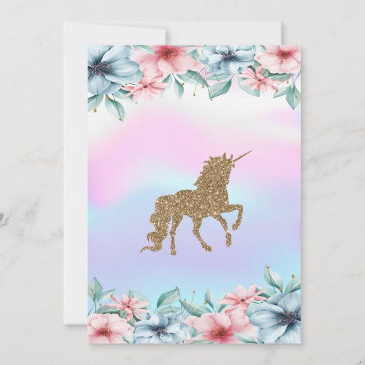 グリッターユニコーンホログラフィックフローラベビーシャワー 招待状 (裏面)