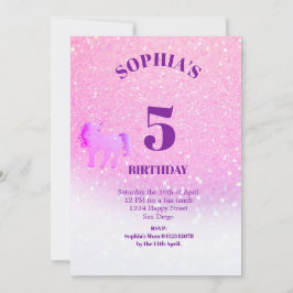 グリッターユニコーンマジカルパープルかわいい誕生日 招待状