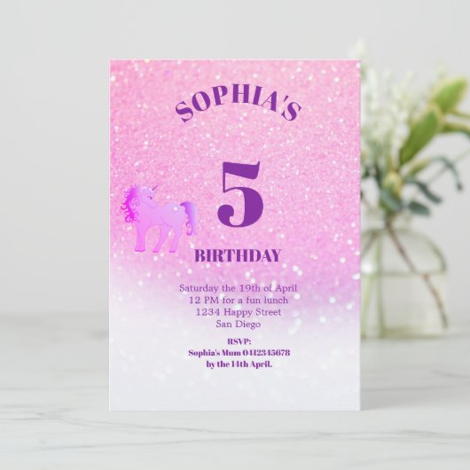 グリッターユニコーンマジカルパープルかわいい誕生日 招待状 (スタンド正面)
