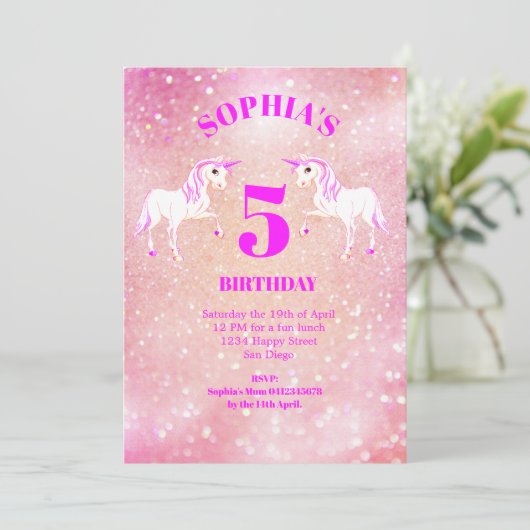 グリッターユニコーンマジカルピンクかわいい誕生日 招待状 (スタンド正面)