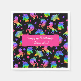 グリッターユニコーンレインボー（ファーストネーム付き）誕生日 スタンダードカクテルナプキン
