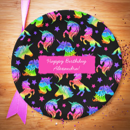 グリッターユニコーンレインボー（ファーストネーム付き）誕生日 ペーパープレート