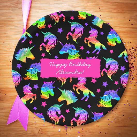 グリッターユニコーンレインボー(ファーストネーム付き)誕生日 ペーパープレート