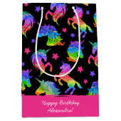 グリッターユニコーンレインボー（ファーストネーム付き）誕生日 ミディアムペーパーバッグ (正面)