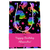 グリッターユニコーンレインボー（ファーストネーム付き）誕生日 ミディアムペーパーバッグ (正面)