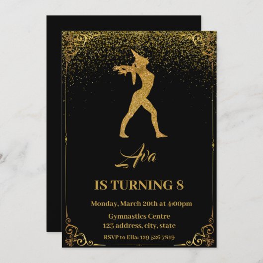 グリッターユニコーン体操誕生日 招待状 (正面/裏面)