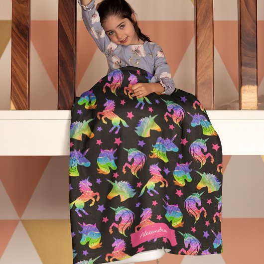 グリッターユニコーン虹のパターン(名) フリースブランケット