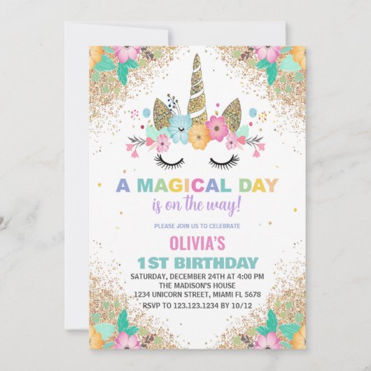 グリッターユニコーン誕生日招待状 招待状 (正面)