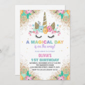 グリッターユニコーン誕生日招待状 招待状 (正面/裏面)