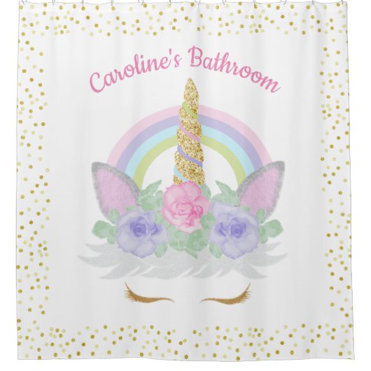 グリッターユニコーン顔パステルレインボーガールズ浴室 シャワーカーテン (正面)