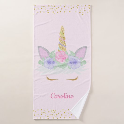 グリッターユニコーン顔ピンク金ゴールドガールパーソナライズされたズ バスタオル (バスタオル)