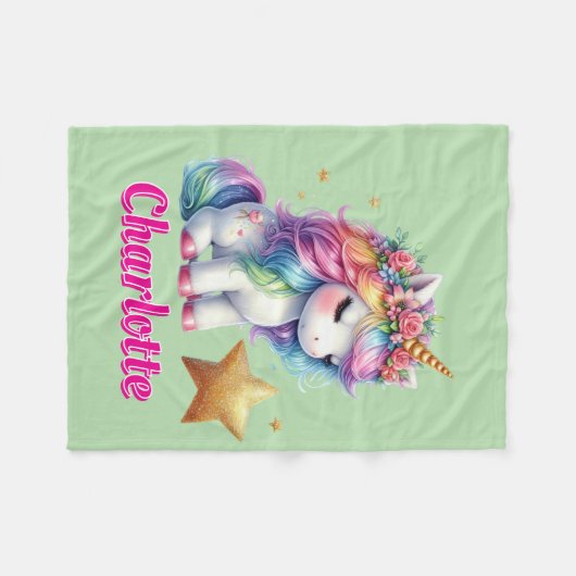グリッターユニコーン魔法の星ライムグリーン フリースブランケット (正面(横))