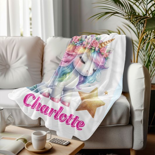 グリッターユニコーン魔法の星白 フリースブランケット