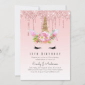 グリッターユニコーン13誕生日ピンク金ゴールドガールズ 招待状 (正面)