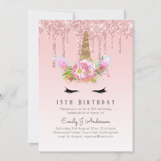 グリッターユニコーン13誕生日ピンク金ゴールドガールズ 招待状 (正面)