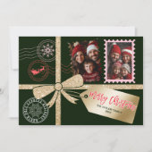 グリッターユニーク金ゴールドギフトボウフォトメリークリスマス シーズンカード (正面)